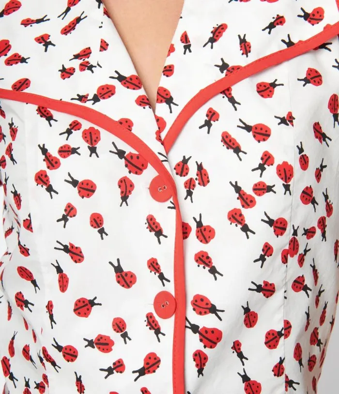 Smak Parlour White and Ladybug Print Wide Lapel Collar Blouse Clothing Unique Vintage Blouses