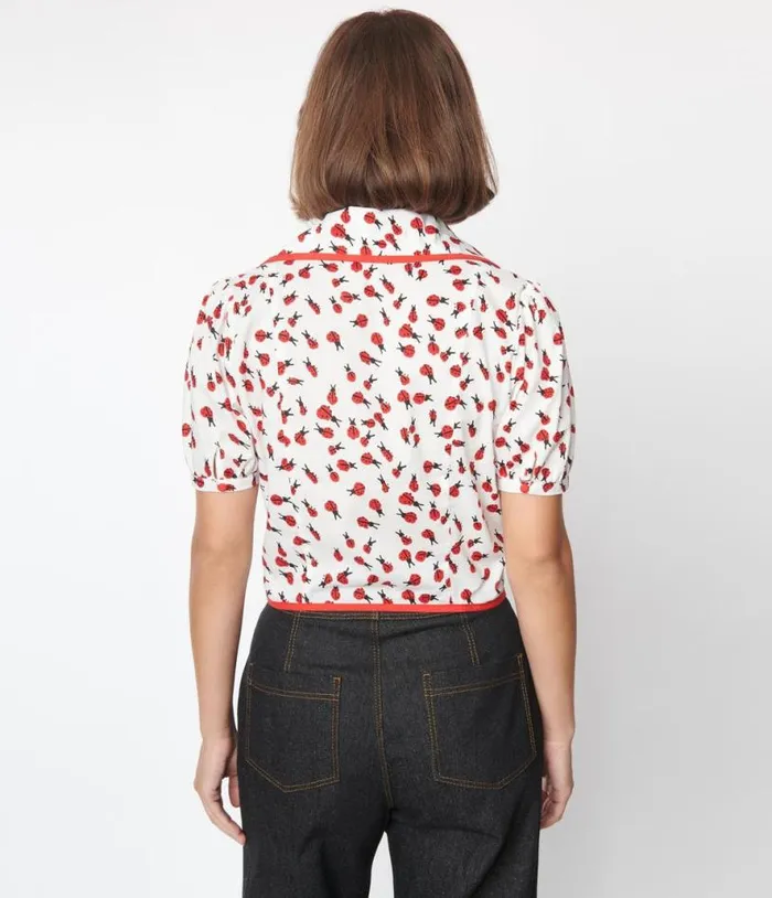 Smak Parlour White and Ladybug Print Wide Lapel Collar Blouse Clothing Unique Vintage Blouses