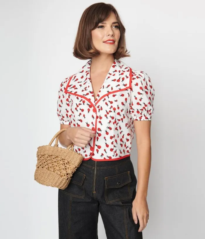 Smak Parlour White and Ladybug Print Wide Lapel Collar Blouse Clothing Unique Vintage Blouses