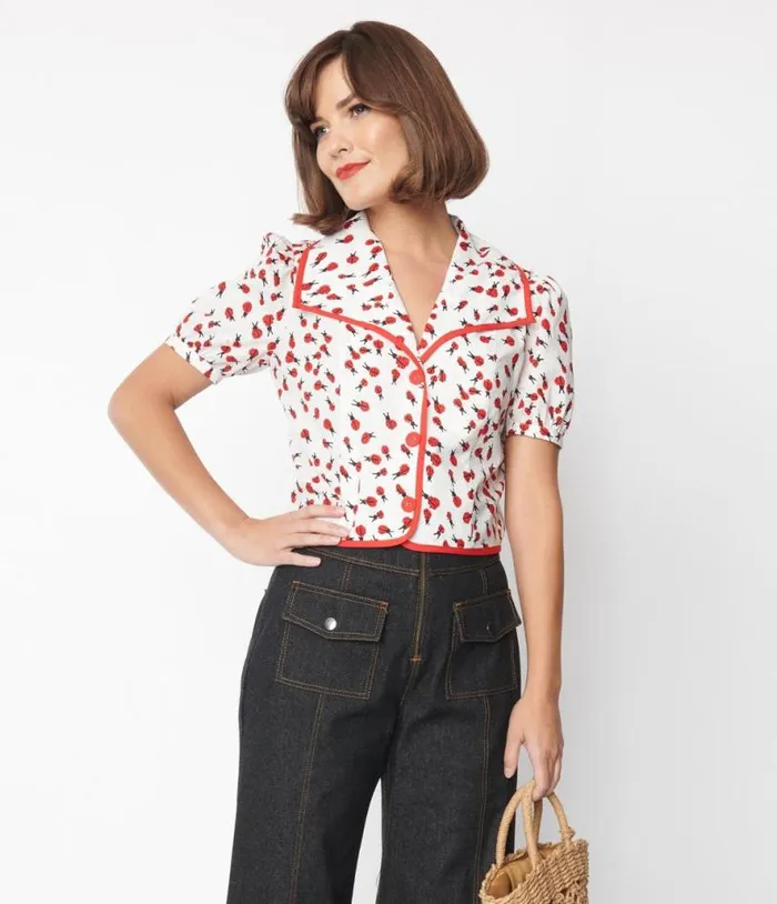 Smak Parlour White and Ladybug Print Wide Lapel Collar Blouse Clothing Unique Vintage Blouses