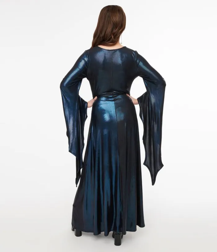 Smak Parlour Y2K Iridescent Dark Blue Bat Wing Sleeve Maxi Dress DressesHalloween Unique Vintage Maxi