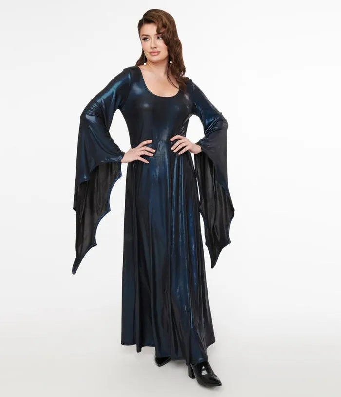 Smak Parlour Y2K Iridescent Dark Blue Bat Wing Sleeve Maxi Dress DressesHalloween Unique Vintage Maxi