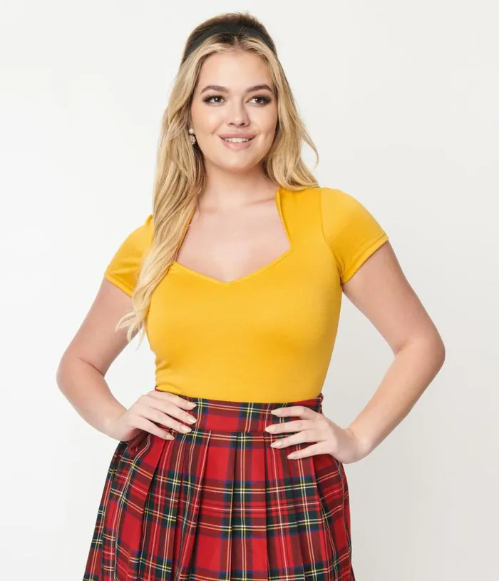 Steady 1950s Mustard Short Sleeve Knit Sophia Top ClothingPlus Unique Vintage Blouses Steady 1950s Mustard Short Sleeve Knit Sophia Top ClothingPlus Unique Vintage Blouses