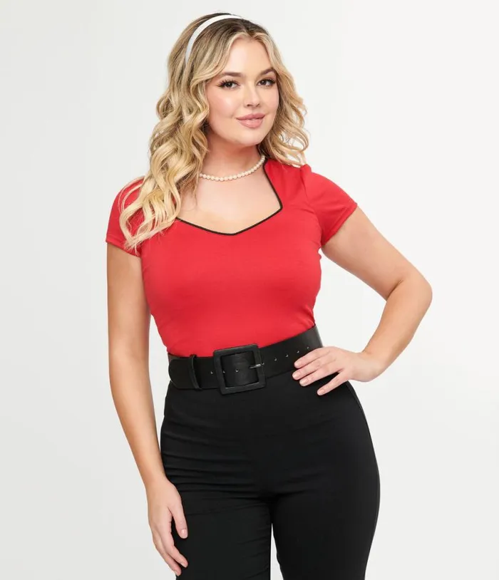 Steady 1950s Red and Black Piped Sophia Top ClothingPlus Unique Vintage Blouses Steady 1950s Red and Black Piped Sophia Top ClothingPlus Unique Vintage Blouses