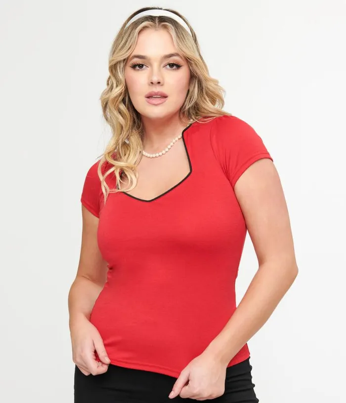 Steady 1950s Red and Black Piped Sophia Top ClothingPlus Unique Vintage Blouses