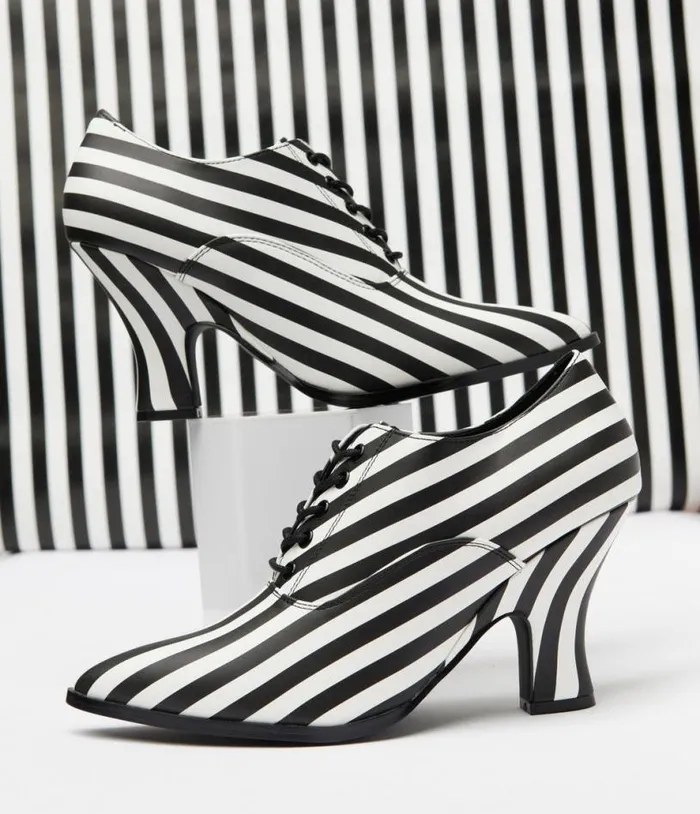 Strange Cult Black and White Stripe Victoria Heels HalloweenShoes Unique Vintage Heels Strange Cult Black and White Stripe Victoria Heels HalloweenShoes Unique Vintage Heels