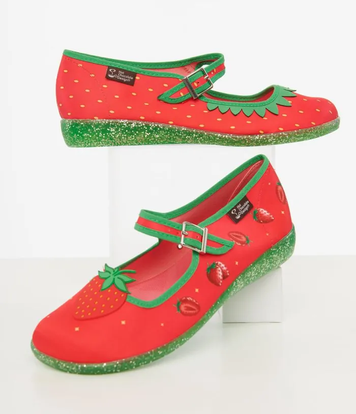 Strawberry Bliss Mary Jane Flats Shoes Unique Vintage Flats