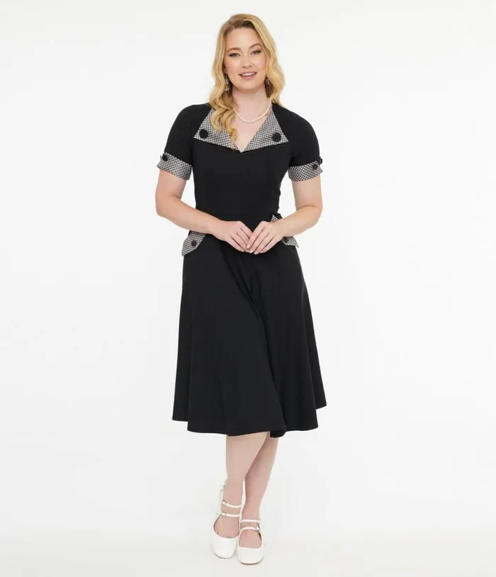 Tatyana 1950s Black and Plaid Trixie Swing Dress DressesPlus Unique Vintage Pocket Dresses
