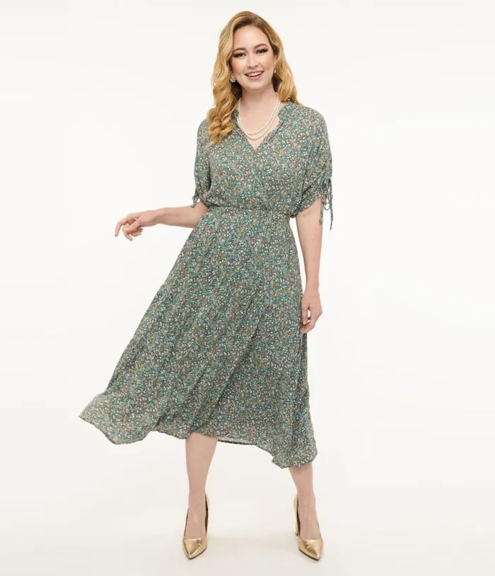 Teal Floral Midi Dress Dresses Unique Vintage Midi