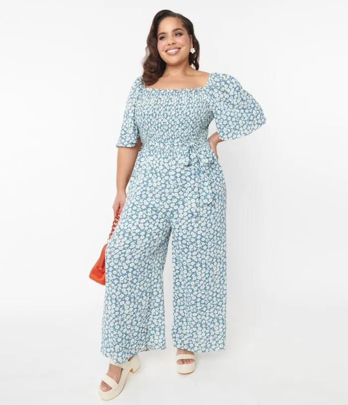 Teal Floral Palazzo Jumpsuit ClothingPlus Unique Vintage Rompers and Jumpsuits Teal Floral Palazzo Jumpsuit ClothingPlus Unique Vintage Rompers and Jumpsuits