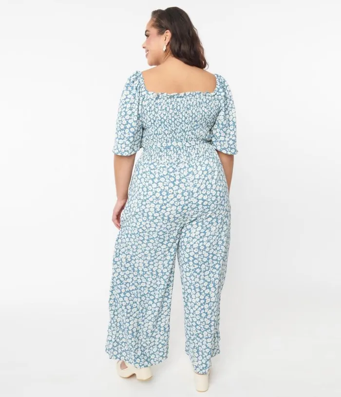 Teal Floral Palazzo Jumpsuit ClothingPlus Unique Vintage Rompers and Jumpsuits