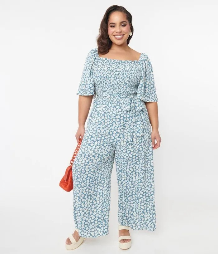 Teal Floral Palazzo Jumpsuit ClothingPlus Unique Vintage Rompers and Jumpsuits