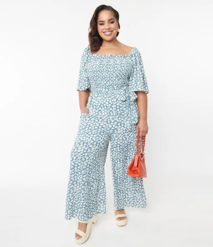 Teal Floral Palazzo Jumpsuit ClothingPlus Unique Vintage Rompers and Jumpsuits
