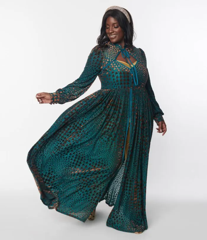 Teal Houndstooth Burnout Velvet House Duster DressesClothingPlus Unique Vintage Midi and Maxi Teal Houndstooth Burnout Velvet House Duster DressesClothingPlus Unique Vintage Midi and Maxi