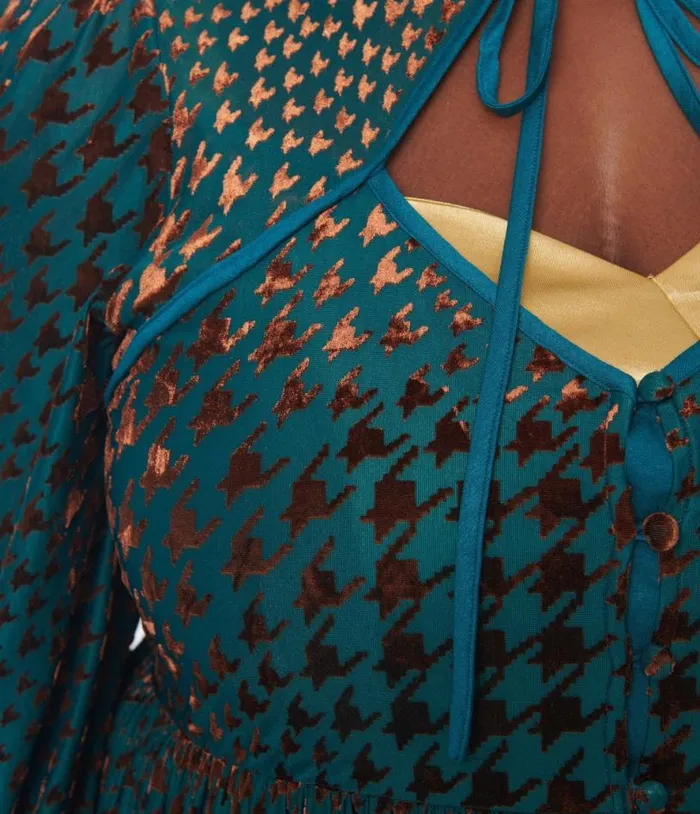 Teal Houndstooth Burnout Velvet House Duster DressesClothingPlus Unique Vintage Midi and Maxi