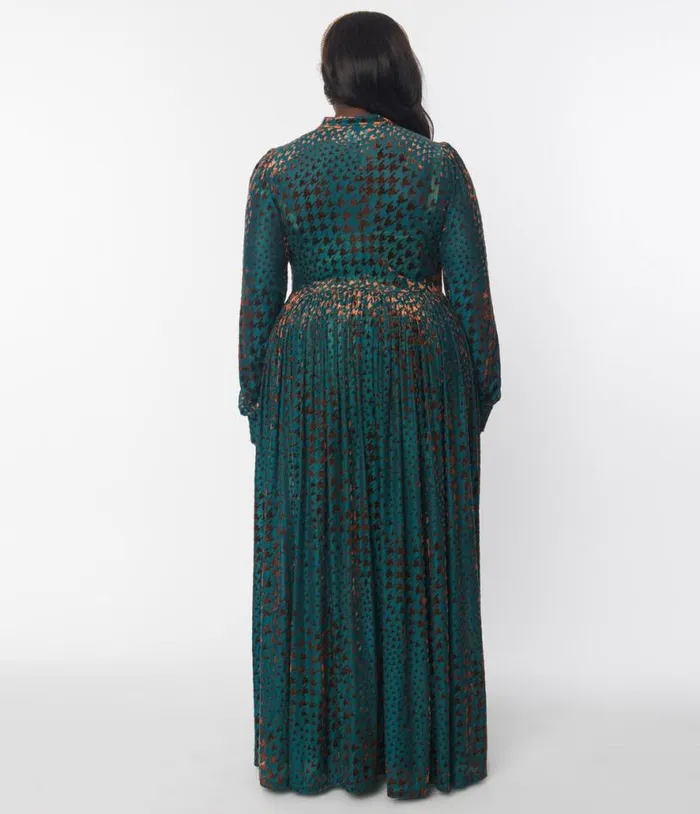 Teal Houndstooth Burnout Velvet House Duster DressesClothingPlus Unique Vintage Midi and Maxi