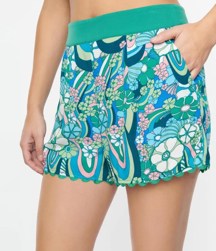 Teal Psychedelic Floral Scallop Trim Shorts ClothingPlus Unique Vintage Shorts