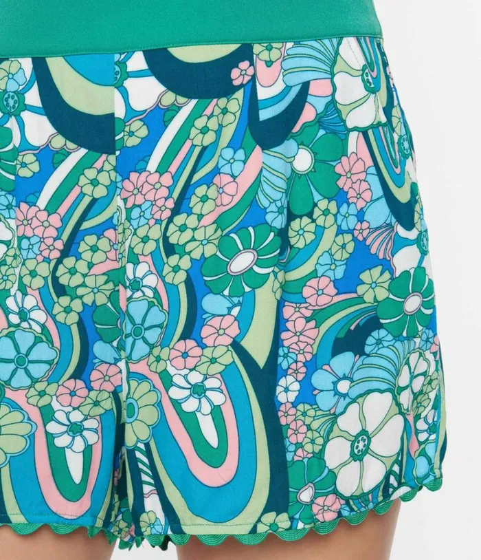Teal Psychedelic Floral Scallop Trim Shorts ClothingPlus Unique Vintage Shorts