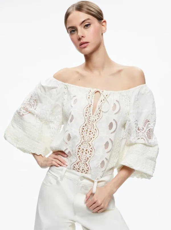 Tops Women Alice Olivia ALTA EMBROIDERED OFF THE SHOULDER BLOUSE Ecru