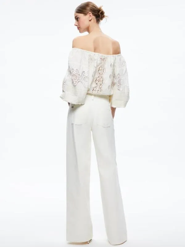 Tops Women Alice Olivia ALTA EMBROIDERED OFF THE SHOULDER BLOUSE Ecru