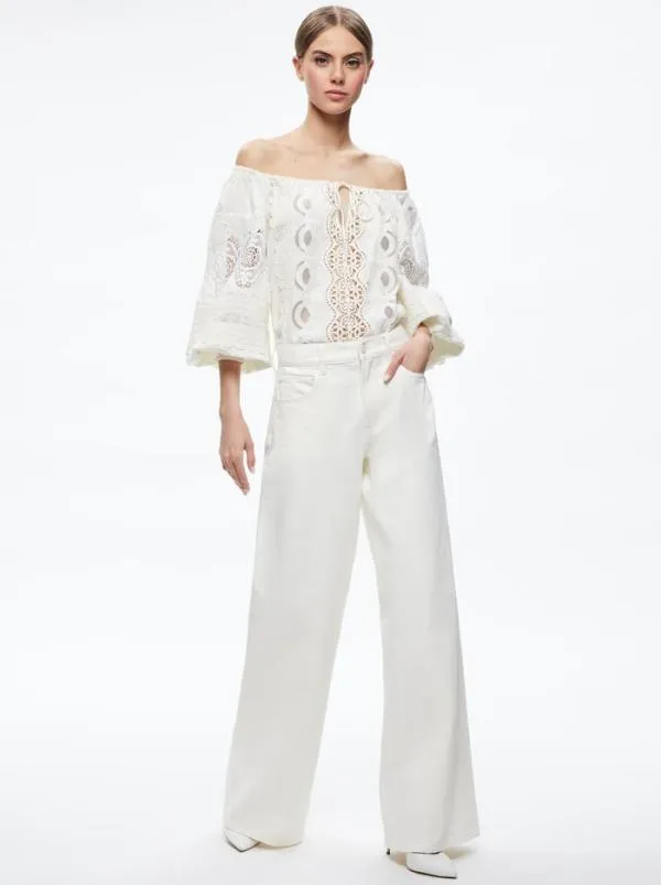 Tops Women Alice Olivia ALTA EMBROIDERED OFF THE SHOULDER BLOUSE Ecru
