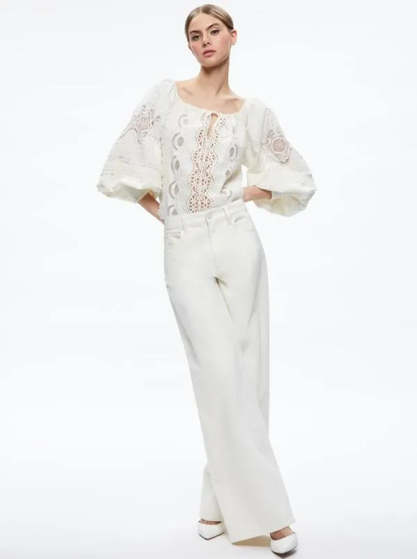 Tops Women Alice Olivia ALTA EMBROIDERED OFF THE SHOULDER BLOUSE Ecru