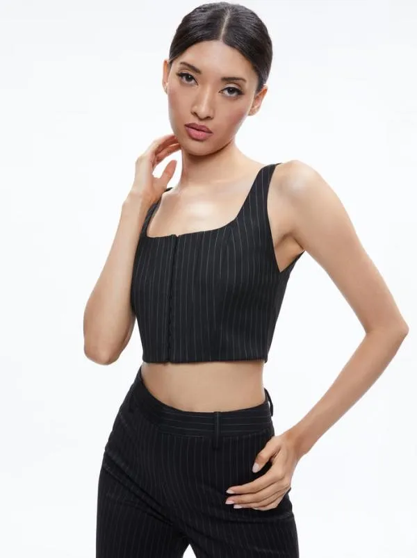 Tops Women Alice Olivia BRESLIN CORSET TOP Black Pinstripe