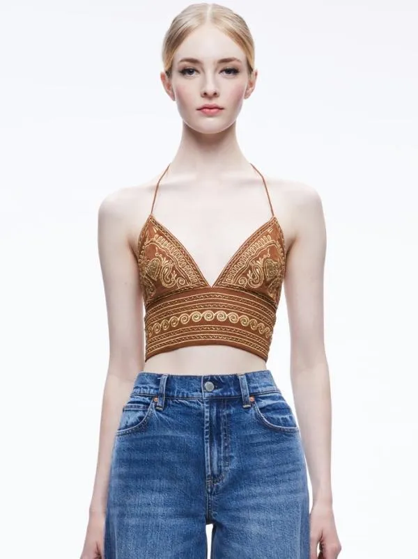 Tops Women Alice Olivia CARLI EMBROIDERED TIE NECK BRA TOP Camelgold