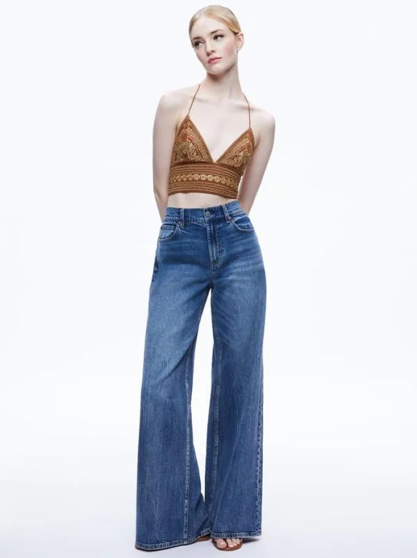 Tops Women Alice Olivia CARLI EMBROIDERED TIE NECK BRA TOP Camelgold