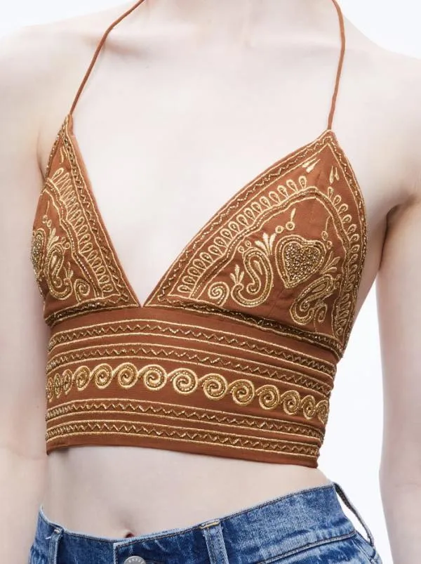 Tops Women Alice Olivia CARLI EMBROIDERED TIE NECK BRA TOP Camelgold