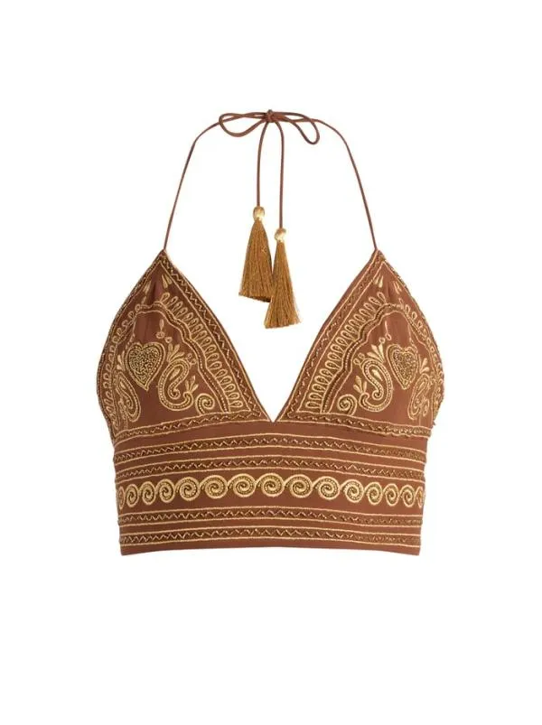 Tops Women Alice Olivia CARLI EMBROIDERED TIE NECK BRA TOP Camelgold