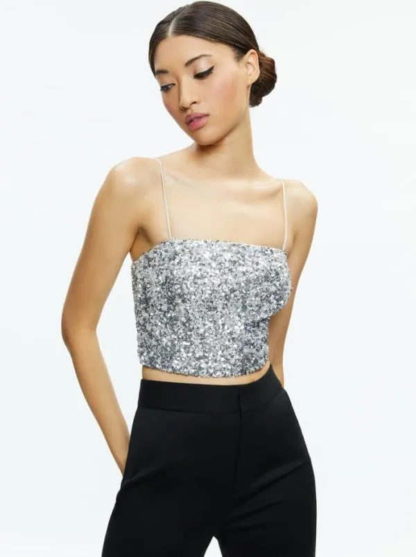 Tops Women Alice Olivia CERESI SEQUIN BANDEAU CROP TOP Champagnesilver