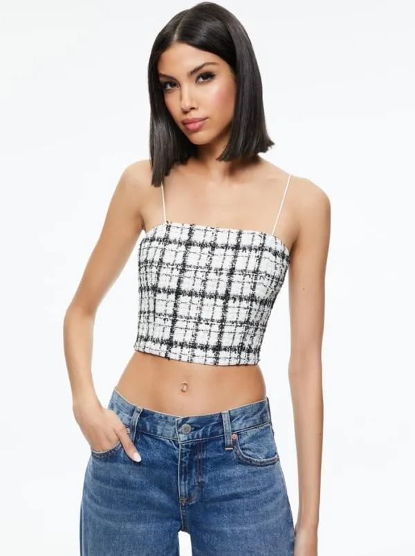 Tops Women Alice Olivia CERESI TWEED CROP TOP Off Whiteblack