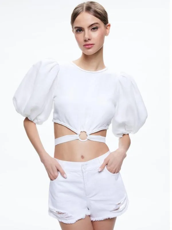 Tops Women Alice Olivia COLETTE TIE PUFF SLEEVE CROP TOP White