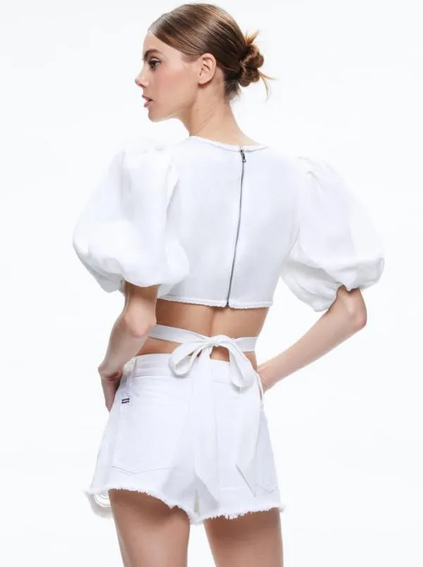 Tops Women Alice Olivia COLETTE TIE PUFF SLEEVE CROP TOP White