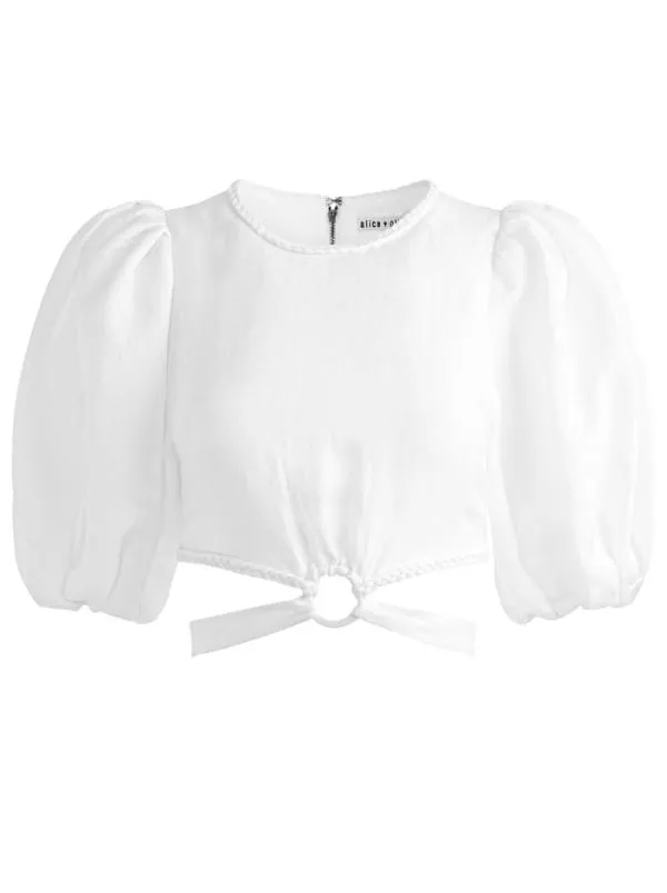 Tops Women Alice Olivia COLETTE TIE PUFF SLEEVE CROP TOP White