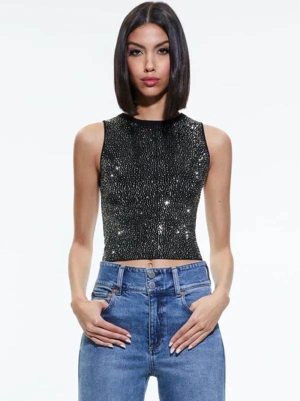 Tops Women Alice Olivia DARINA EMBELLISHED CROPPED TANK Blackgunmetal