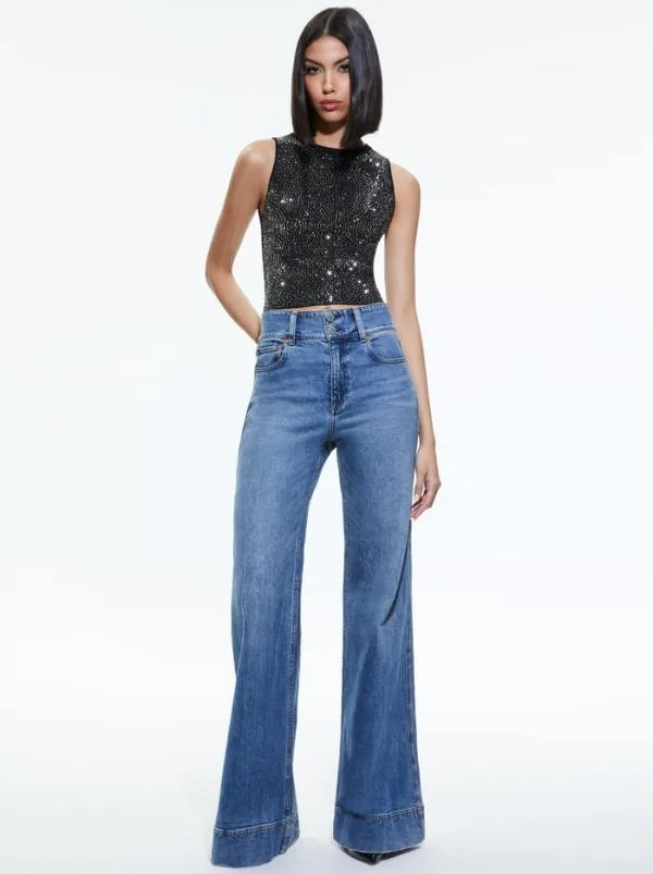 Tops Women Alice Olivia DARINA EMBELLISHED CROPPED TANK Blackgunmetal