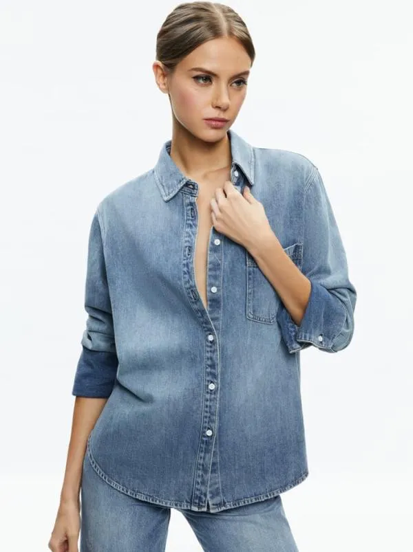 Tops Women Alice Olivia FINELY DENIM BUTTON DOWN Sadie Lt Vintage Blue