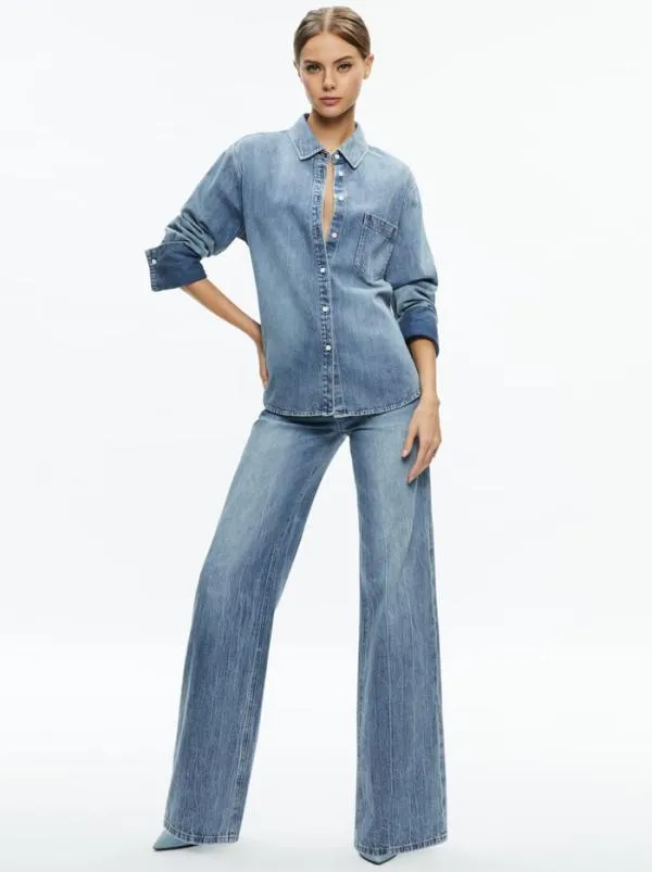 Tops Women Alice Olivia FINELY DENIM BUTTON DOWN Sadie Lt Vintage Blue