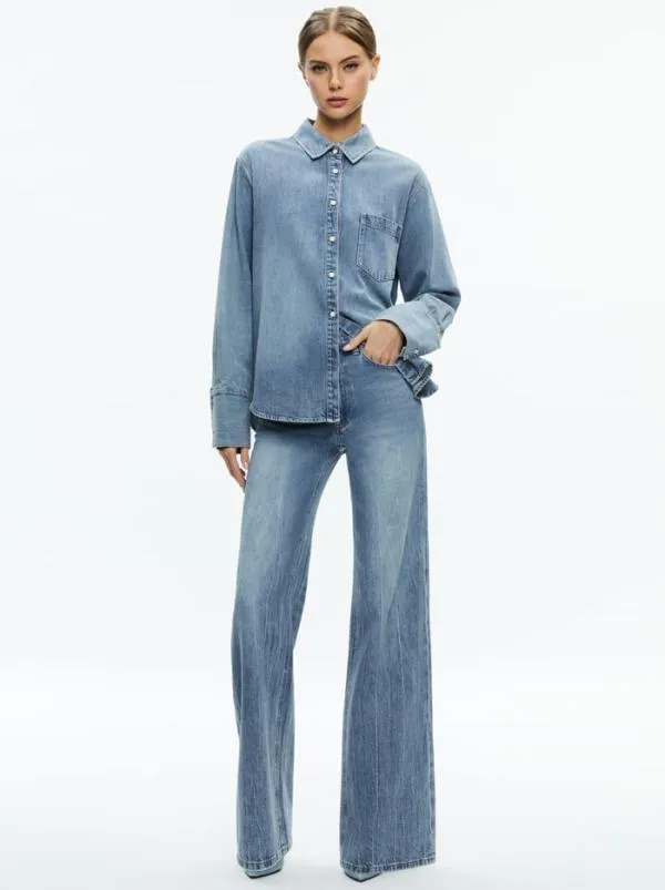 Tops Women Alice Olivia FINELY DENIM BUTTON DOWN Sadie Lt Vintage Blue