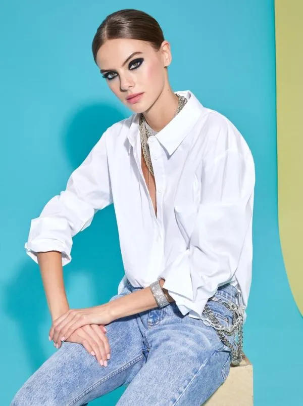 Tops Women Alice Olivia FINELY OVERSIZED LONG BUTTON DOWN SHIRT White