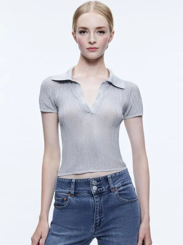 Tops Women Alice Olivia MARTHA METALLIC POLO CROP TOP Silver