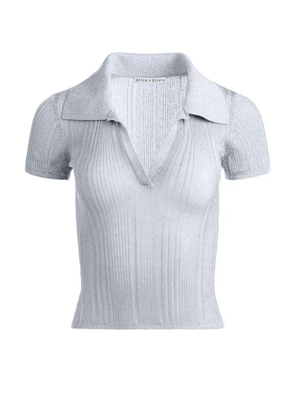 Tops Women Alice Olivia MARTHA METALLIC POLO CROP TOP Silver