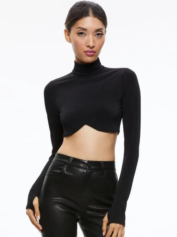 Tops Women Alice Olivia MELANGE CURVED CROPPED TURTLENECK Black