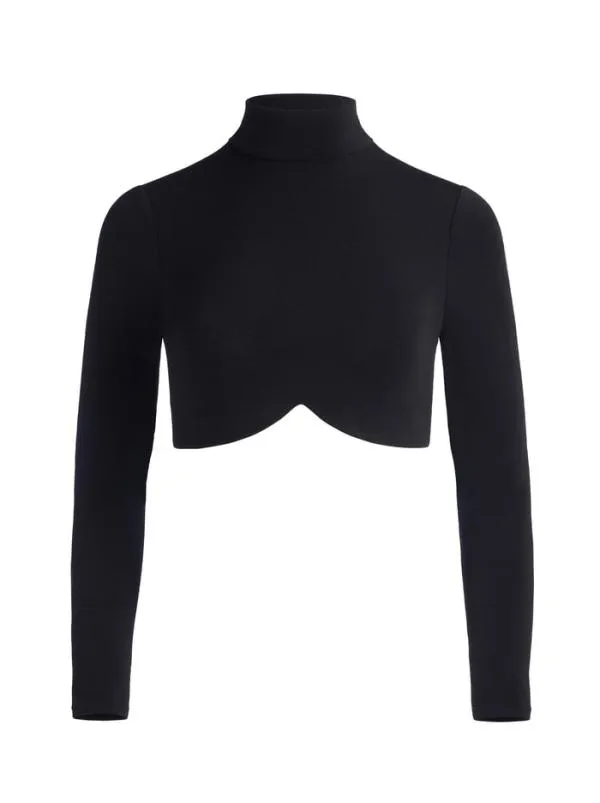 Tops Women Alice Olivia MELANGE CURVED CROPPED TURTLENECK Black