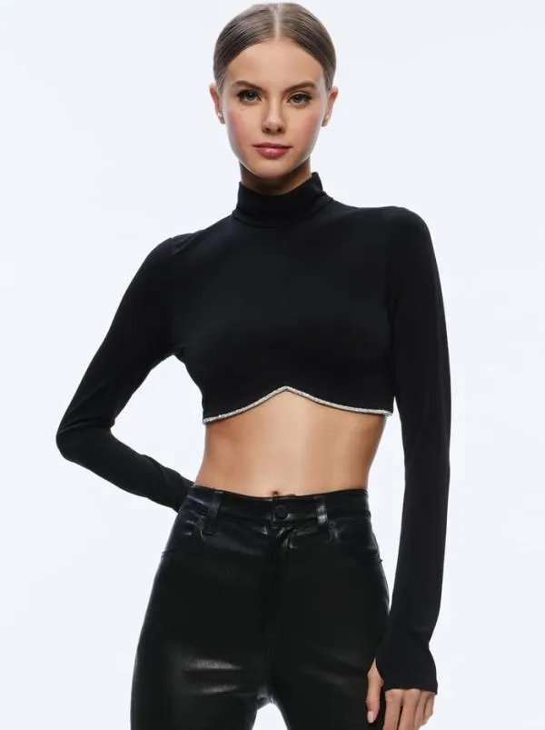 Tops Women Alice Olivia MELANGE RHINESTONE CROPPED TURTLENECK Black