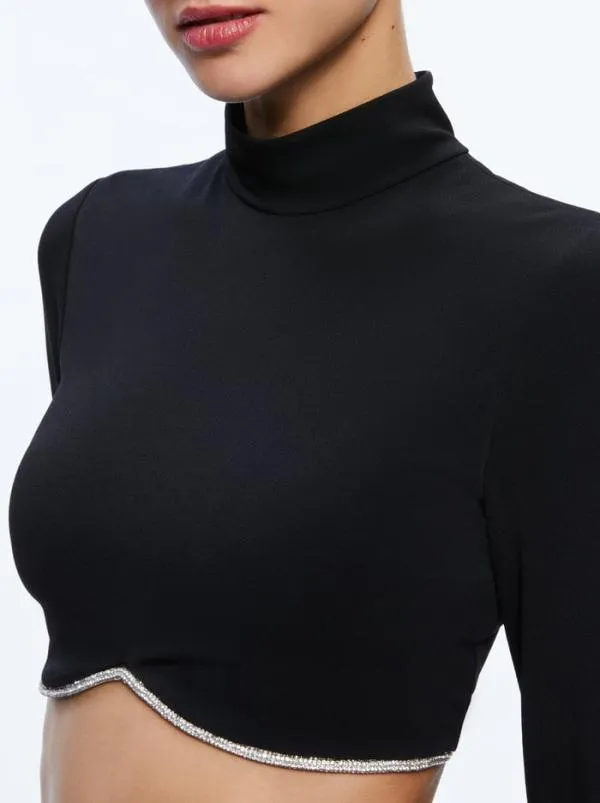 Tops Women Alice Olivia MELANGE RHINESTONE CROPPED TURTLENECK Black