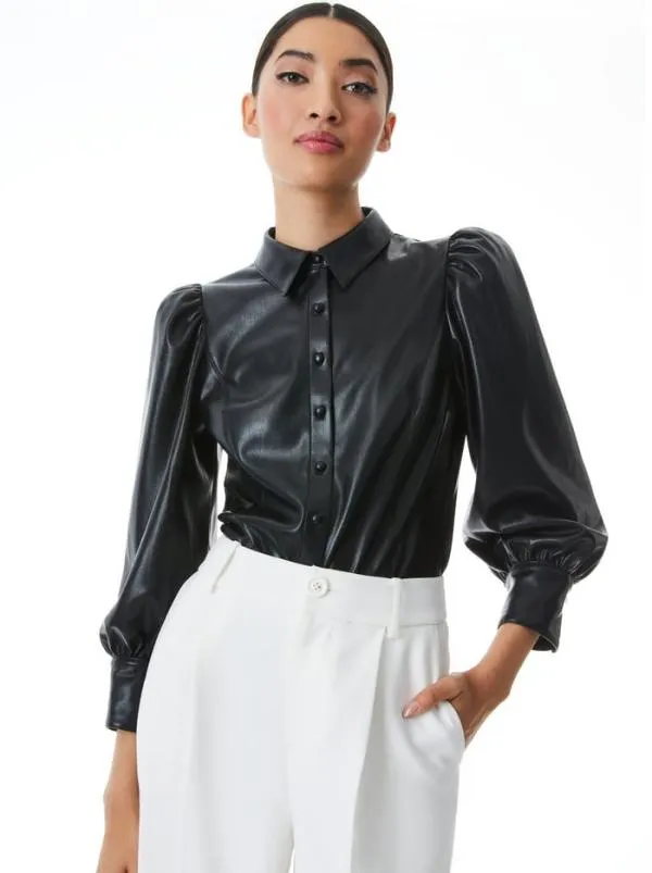 Tops Women Alice Olivia NADINE VEGAN LEATHER BUTTON DOWN Black