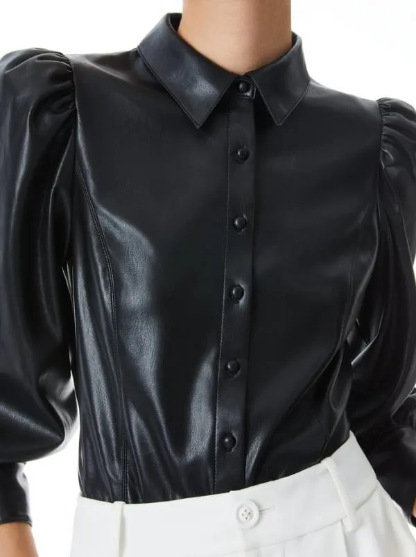 Tops Women Alice Olivia NADINE VEGAN LEATHER BUTTON DOWN Black